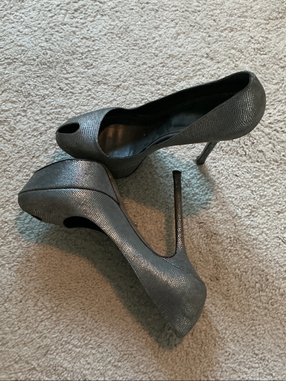 Sergio Rossi Metallic Pewter Peep-Toe Stilettos
